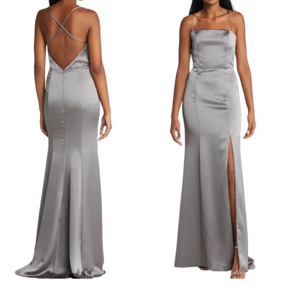 Amsale Nakai Square Neck Satin Mermaid Gown in Gunmetal Gray Size 12 NWT - Picture 1 of 15